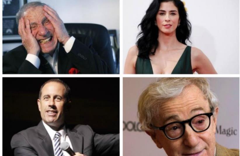 Jewish comedians: Mel Brooks (top left), Jerry Seinfeld (bottom left), Sarah Silverman (top right), and Woody Allen (bottom right) (photo credit: REUTERS)