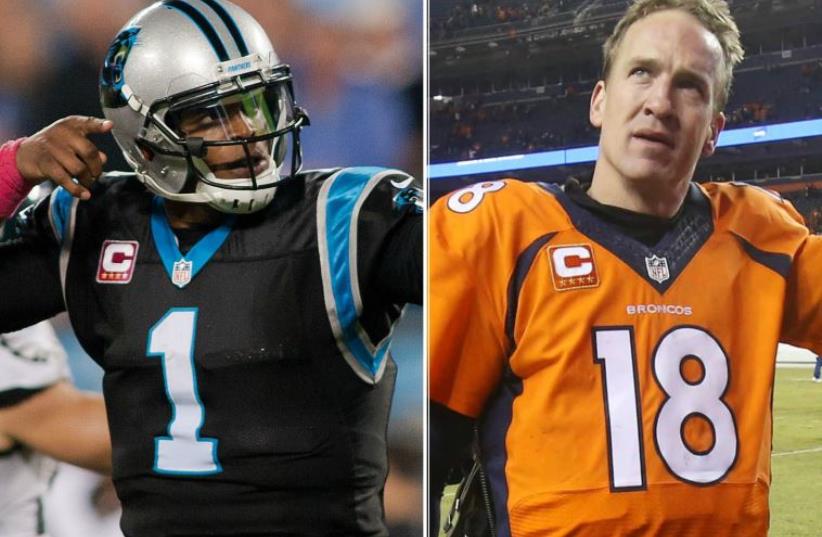 Denver Broncos quarterback Peyton Manning (R) and Carolina Panthers quarterback Cam Newton (photo credit: REUTERS)