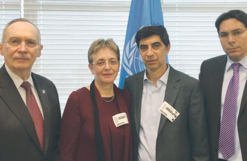 LEAH AND SIMCHA GOLDIN meet with US Assistant Secretary-General for Peacekeeping Operations Edmond Mulet and UN Ambassador Danny Danon (photo credit: Courtesy)