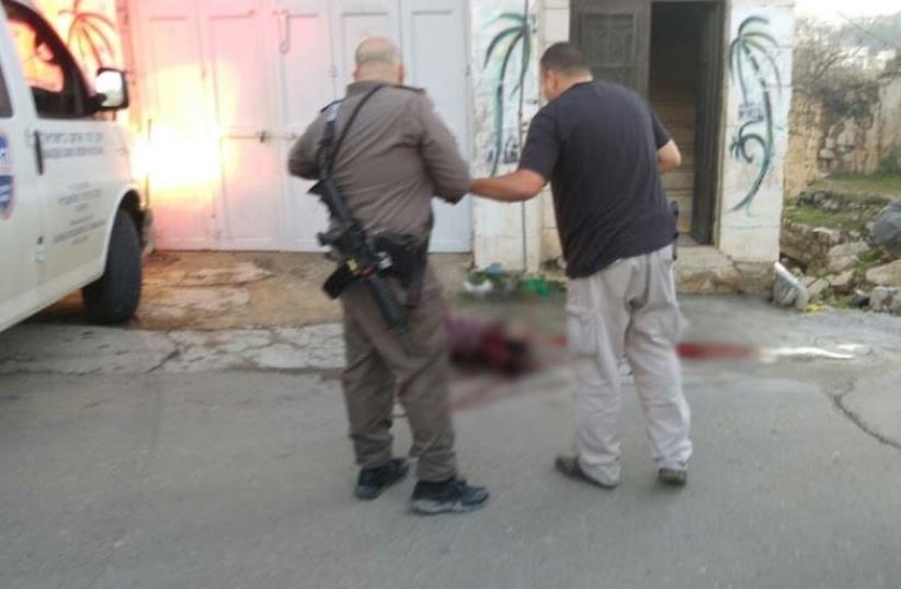 Scene of stabbing attack in Kiryat Arba (photo credit: YISHAI FLEISHER/HEBRON JEWISH COMMUNITY SPOKESPERSON)