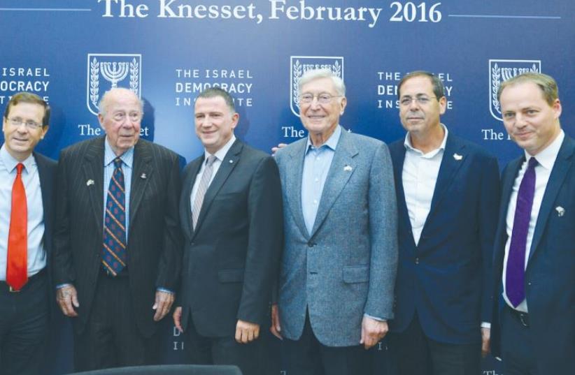 IDI’S INTERNATIONAL Advisory Council, led by its president, Yohanan Plesner (right), accompanied by International Board Chairman Bernard Marcus (third right), Israel Board chairman Amir Elstein (second right) and IAC chairman, former US secretary of state George Shultz (second left), meets with oppo (photo credit: YOSSI ZELIGER)