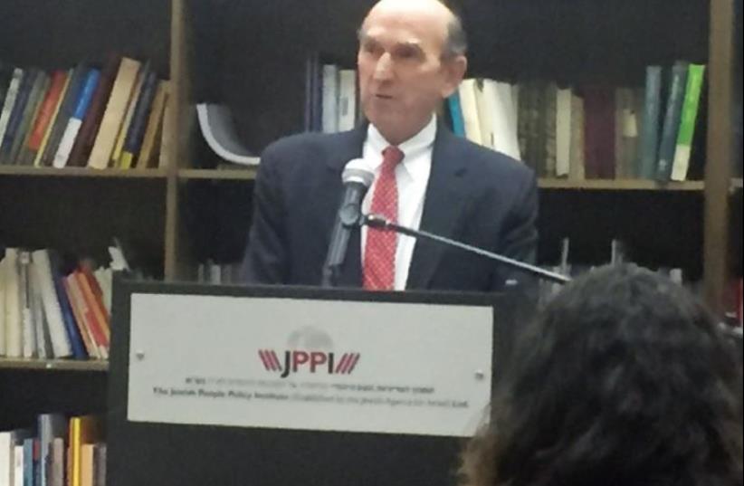 ELLIOTT ABRAMS speaks at the JPPI Institute in Jerusalem on Monday. (photo credit: SETH J. FRANTZMAN)