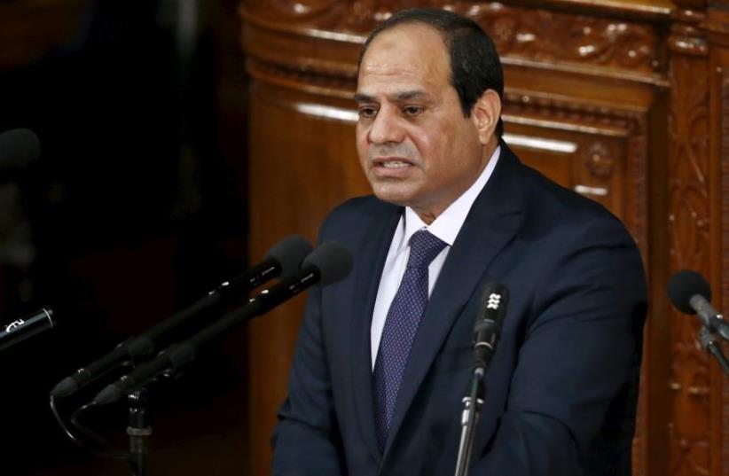 Egypt's President Abdel Fattah al-Sisi (on podium) delivers a speech at the Lower House of parliament in Tokyo, Japan, February 29, 2016 (photo credit: REUTERS)