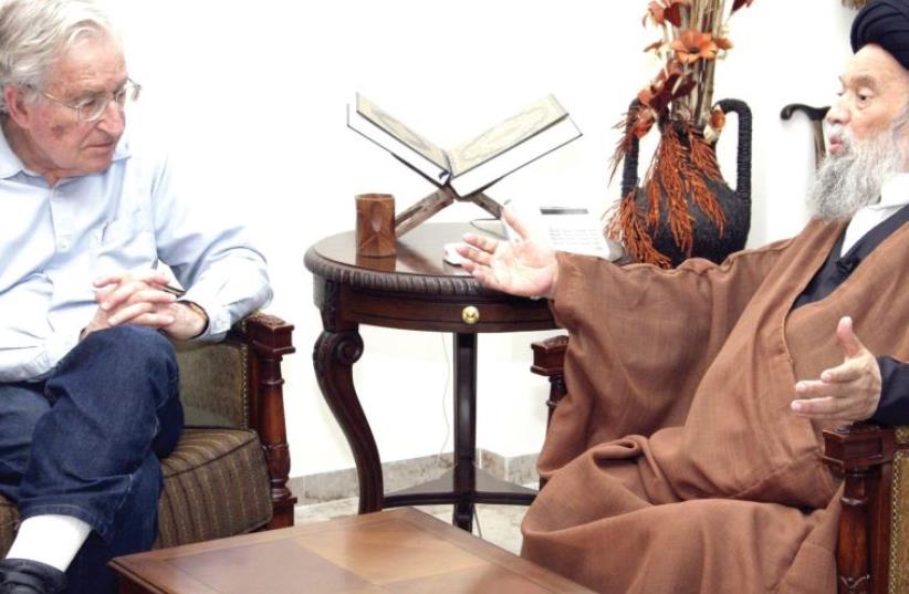 Noam Chomsky, a leading American intellectual highly critical of Israel’s policies toward the Palestinians, meets Hezbollah mentor Grand Ayatollah Mohammed Hussein Fadlallah in Beirut, in 2010 (photo credit: REUTERS)