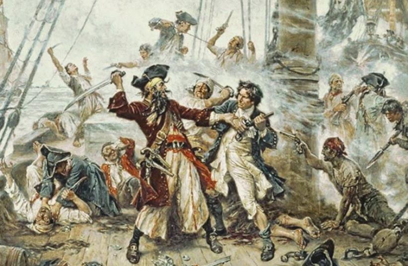 The capture of the famous pirate Blackbeard took place in 1718 (photo credit: 1920 PAINTING BY JEAN LEON GEROME FERRIS /WIKIMEDIA COMMONS)