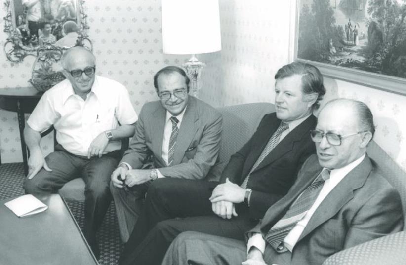 Menachem Begin with Ted Kennedy, Yehiel Kadishai and Simcha Dinitz . (photo credit: MOSHE MILNER / GPO)