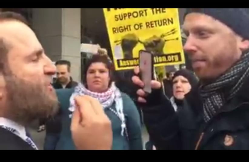 Confrontation between Rabbi Shmuley Boteach and Max Blumenthal outside AIPAC conference (photo credit: RABBI SHMULEY BOTEACH FACEBOOK)