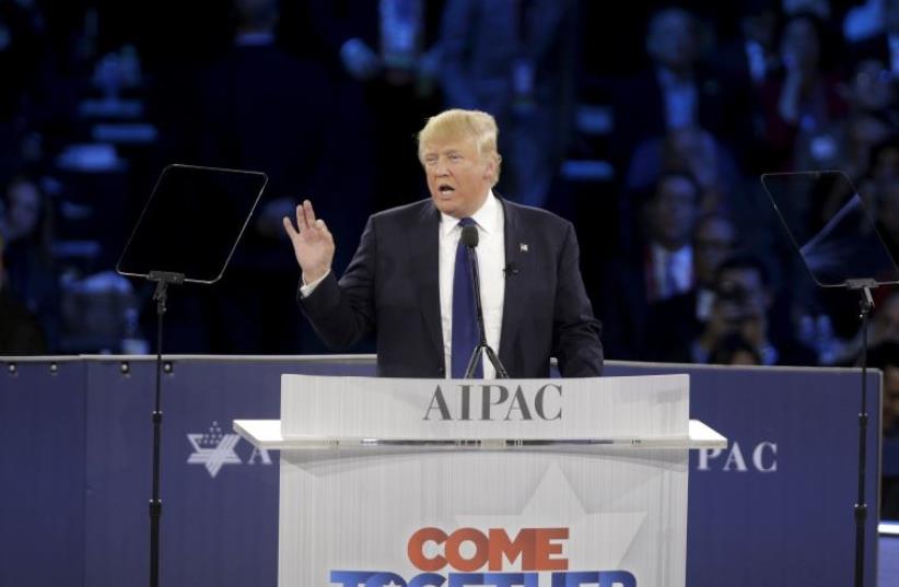 Republican US presidential candidate Donald Trump addresses the American Israel Public Affairs Committee (AIPAC) afternoon general session in Washington March 21, 2016. (photo credit: JOSHUA ROBERTS / REUTERS)