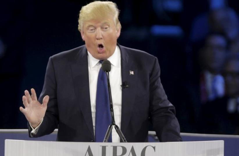 Republican US presidential candidate Donald Trump addresses the American Israel Public Affairs Committee (AIPAC) in Washington (photo credit: REUTERS)