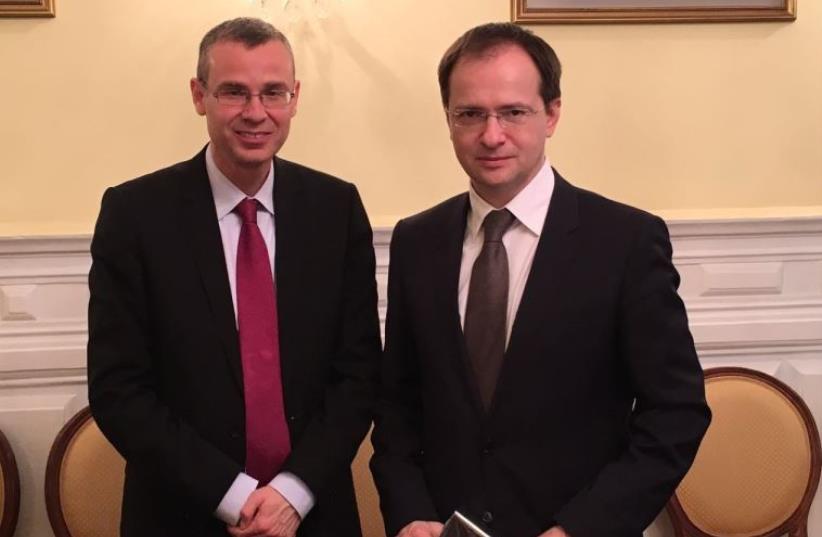 Minister of Tourism Yariv Levin (left) meets with Russia’s Minister of Culture Vladimir Medinsky in Moscow on Wednesday.  (photo credit: MINISTRY OF TOURISM)