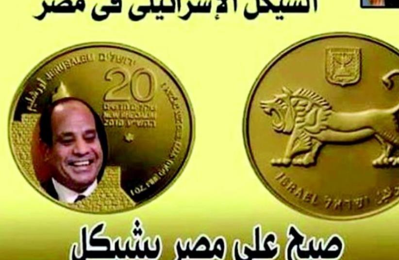 Protesters' mock up of Israeli coin with image of Egyptian President Abdel Fattah al-Sisi (photo credit: ARAB SOCIAL MEDIA)