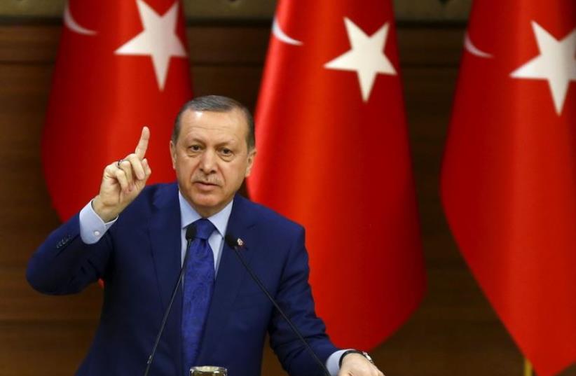 Turkish President Recep Tayyip Erdogan makes a speech at the Presidential Palace in Ankara (photo credit: REUTERS)
