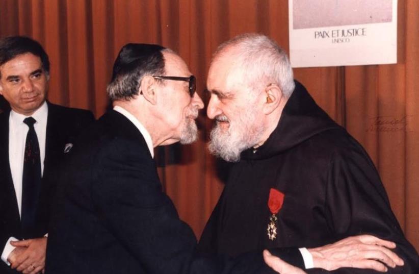 Father Benoit (right) with former French chief rabbi Jacob Kaplan in 1984 (photo credit: YAD VASHEM)
