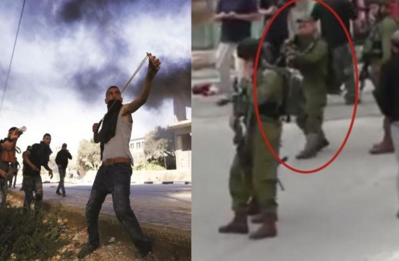 Splitscreen: Palestinian with slingshot at demonstration and IDF soldier who shot dead a wounded terrorist in Hebron (photo credit: REUTERS)