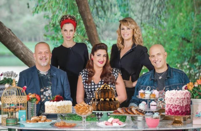 ‘BAKE-OFF ISRAEL’ judges and hosts (from left): Ran Shmueli, Aya Kremerman, Carine Goren, Paula Rosenberg and Oded Brenner. (photo credit: Courtesy)