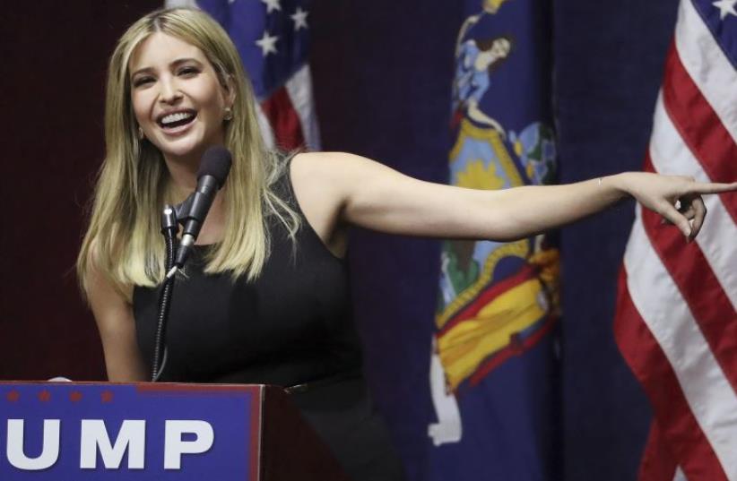 Ivanka Trump, daughter of U.S. Republican presidential candidate Donald Trump speaks at a campaign event at Grumman Studios in Bethpage, New York April 6, 2016  (photo credit: REUTERS)
