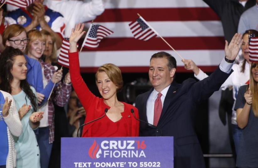 Ted Cruz holds a campaign rally to announce Carly Fiorina as his running mate in Indianapolis, Indiana, April 27, 2016. (photo credit: REUTERS)