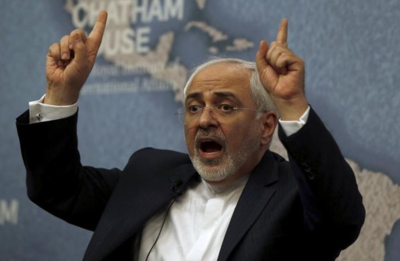 Iran's foreign minister, Mohammad Javad Zarif, speaks at Chatham House in London (photo credit: REUTERS)