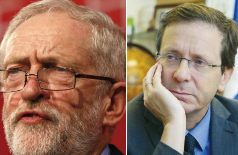 Opposition leader Isaac Herzog (Zionist Union) and UK Labor leader Jeremy Corbyn  (photo credit: REUTERS)