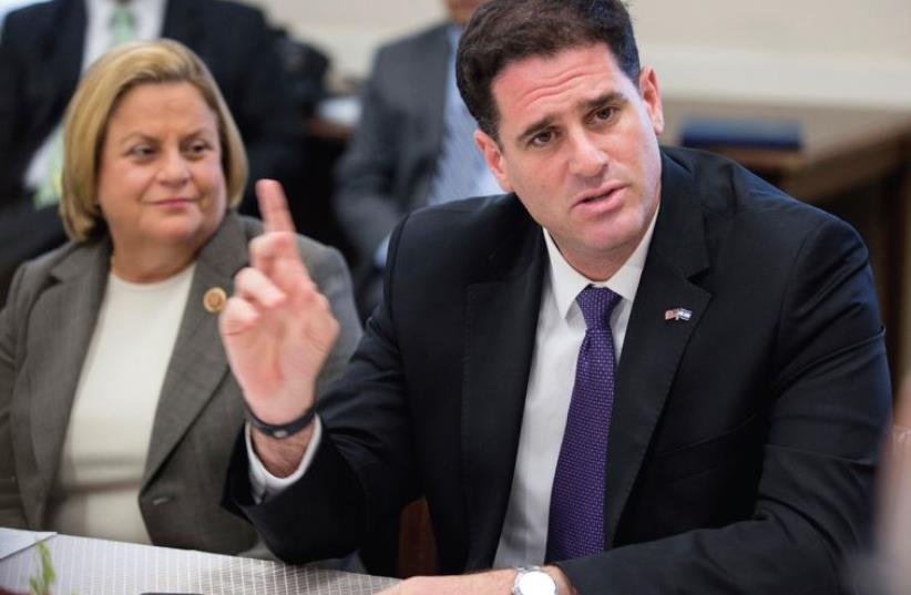 Israeli ambassador to the United States Ron Dermer speaks to members of Congress in 2014 (photo credit: REUTERS)