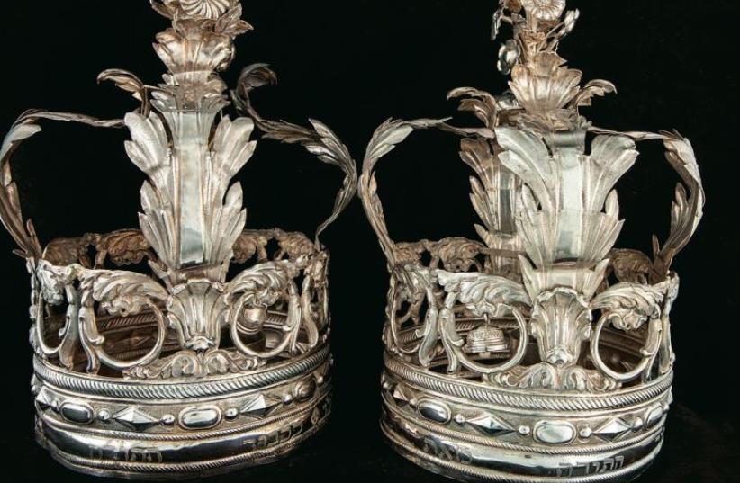 Torah Scroll finials from Vercelli, Italy, dating to 1874 (photo credit: Courtesy)