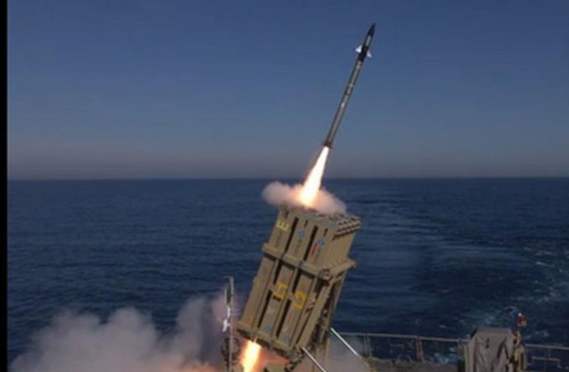 Rafael Advanced Defense Systems’ C-Dome system, a sea-based version of the Iron Dome anti-rocket battery, fires from an Israeli Navy missile ship (photo credit: screenshot)