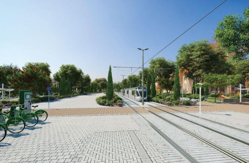A model rendering of how Mesila Park would look if the light rail was routed through there, with the train running south toward Oranim Junction and space left for cyclists and those on foot. (photo credit: JERUSALEM TRANSPORT MASTER TEAM)
