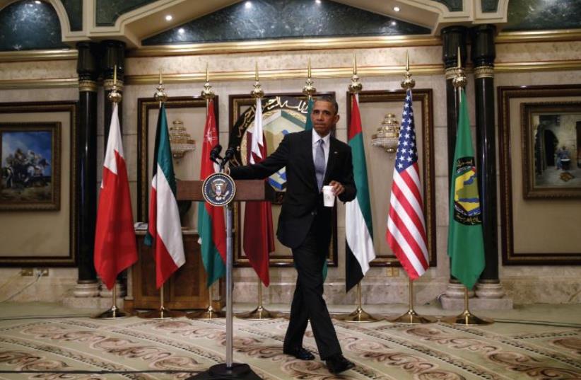 President Barack Obama walks from the rostrum after speaking at the Gulf Cooperation Council summit in Riyadh, Saudi Arabia, April 21 (photo credit: REUTERS)