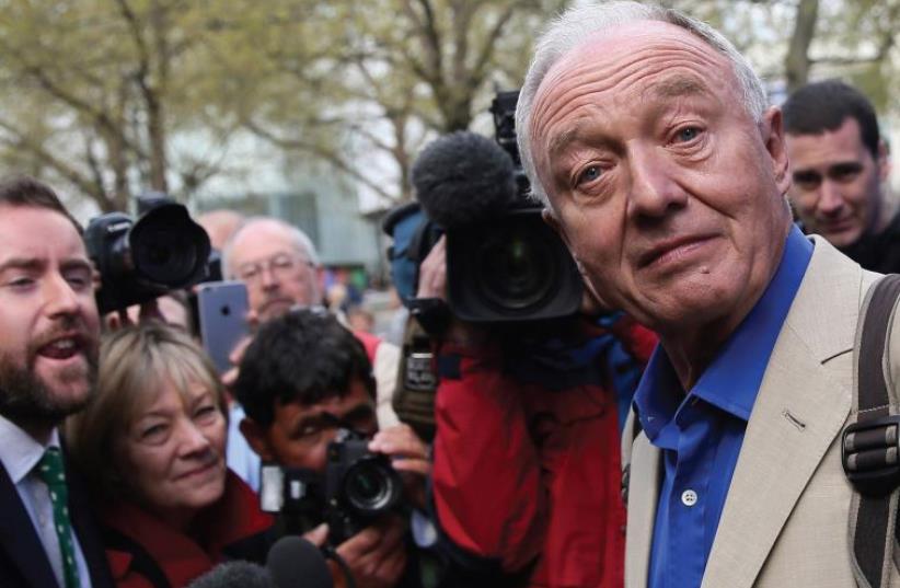 Former London mayor Ken Livingstone speaks to the media after giving an interview to the LBC radio station in London in which he refused to apologize for comments suggesting Adolf Hitler supported Zionism (photo credit: REUTERS)