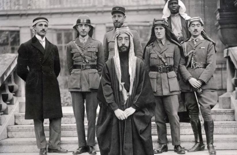 King Faisal I of Iraq leads a delegation at Versailles, during the Paris Peace Conference of 1919; on his right is Britain’s T. E. Lawrence (photo credit: Wikimedia Commons)