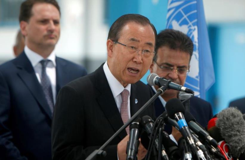 UN Secretary-General Ban Ki-moon speaks during a news conference at a United Nations-run school in Gaza City June 28, 2016 (photo credit: REUTERS)