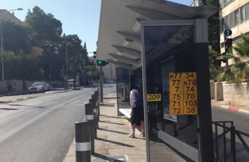 Barriers at a bus stop on Keren Hayesod Street (photo credit: ERICA SCHACHNE)