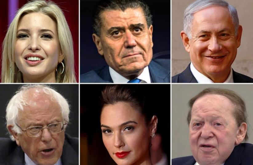 (left to right) Ivanka Trump, Haim Saban, Benjamin Netanyahu, Bernie Sanders, Gal Gadot, Sheldon Adelson (photo credit: REUTERS)