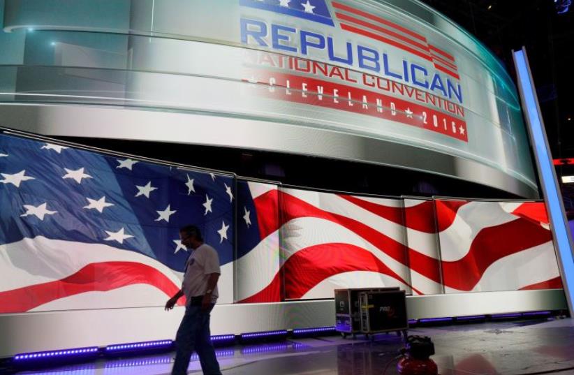 The stage of the Republican National Convention at the Quicken Loans Arena in Cleveland July 13, 2016 (photo credit: REUTERS)