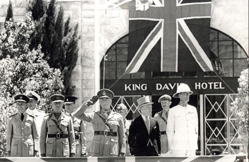 Pre-bombing: The British High Commissioner salutes outside the King David Hotel around 1945 (photo credit: FRED CSASZNIK)