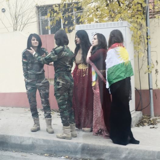 Kurdish girls dress up as Peshmerga fighters on ‘Flag Day,’ in Dohuk, Iraqi Kurdistan. SETH J. FRANTZMAN