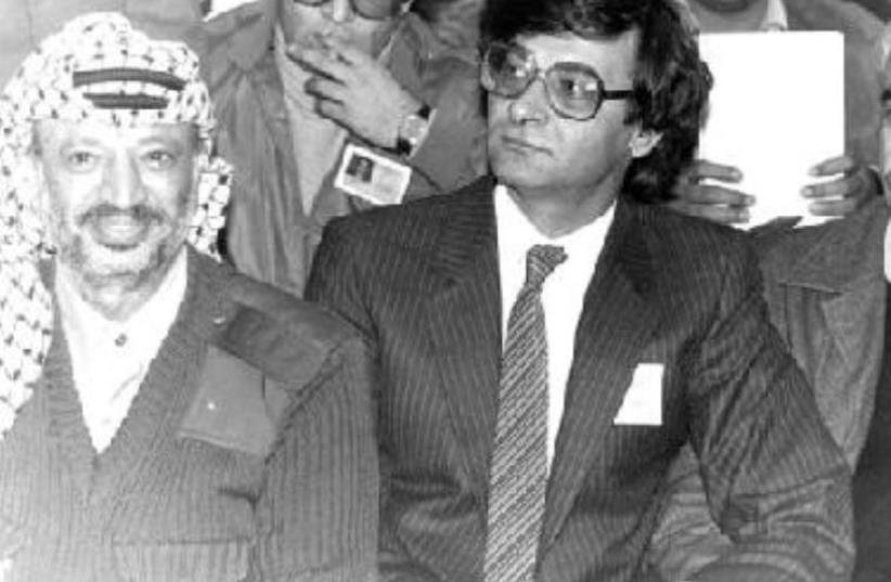 (left to right) Yasser Arafat, Mahmoud Darwish & George Habash in Syria circa 1980 (photo credit: Wikimedia Commons)