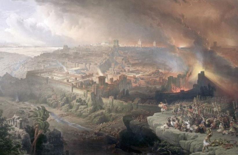 The Siege and Destruction of Jerusalem by the Romans Under the Command of Titus, A.D. 70, Oil on canvas (photo credit: DAVID ROBERTS/WIKIMEDIA COMMONS)