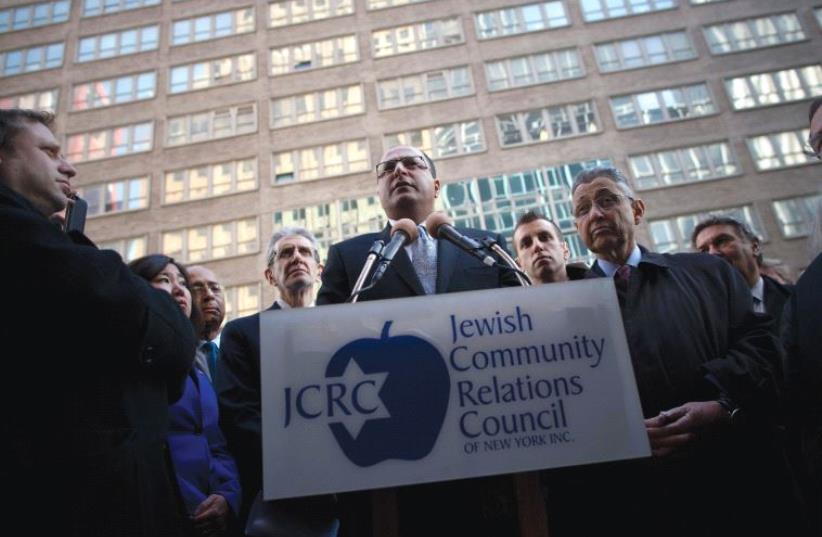 FORMER CONSUL-GENERAL Ido Aharoni speaks at a press conference of city officials in support of Israel, outside the Israeli Consulate in New York in 2012 (photo credit: Courtesy)