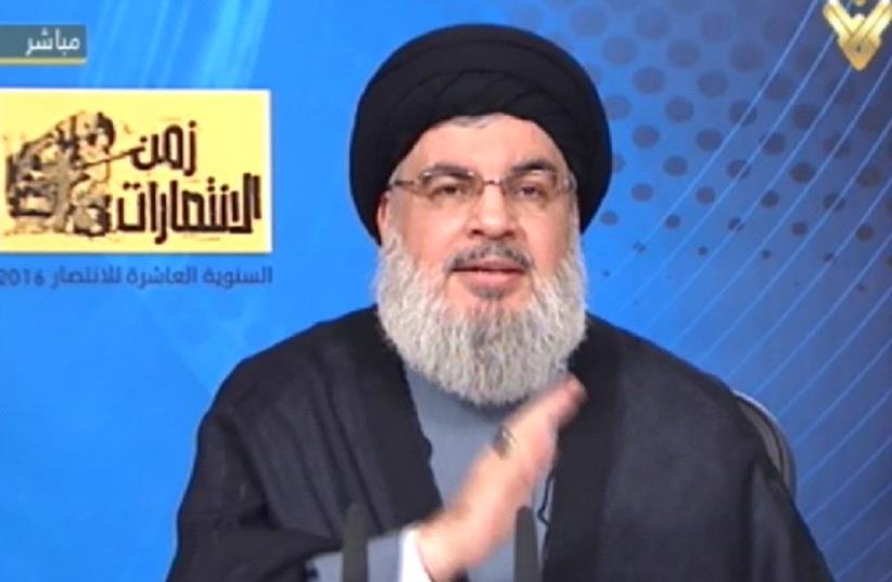 Hassan Nasrallah during a video broadcast. (photo credit: ARAB MEDIA)