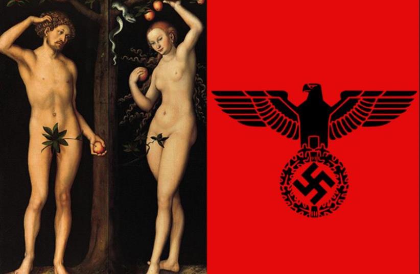 Lucas Cranach the Elder, Adam and Eve, circa 1530 and a Emblem of the Deutsches Reich (photo credit: Wikimedia Commons)