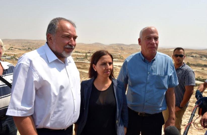 Defense Minister Liberman along with Agriculture Minister Uri Ariel and Social Equality Minister Gila Gamliel toured Beduin communities. (photo credit: ARIEL HERMONI / DEFENSE MINISTRY)