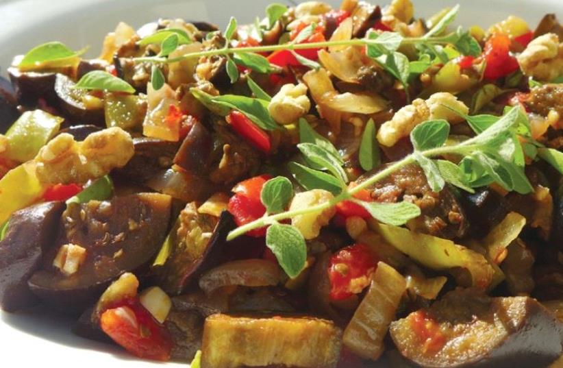 Roaster eggplant and pepper medley with tomatoes and garlic (photo credit: YAKIR LEVY)