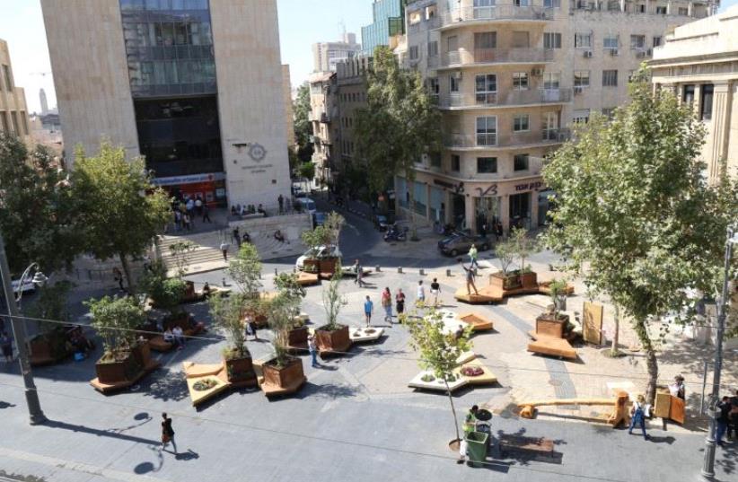 The ‘Out of Zion’ tree installation in Zion Square, part of the Mekudeshet Festival (photo credit: DAVID ABITBOL)