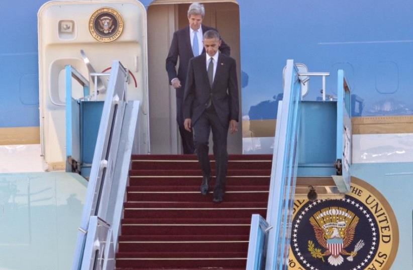 US President Barack Obama and Secretary of State John Kerry land at Ben Gurion Airport. (photo credit: ISRAEL AIRPORTS AUTHORITY)