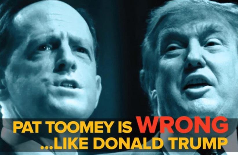 A SCREENSHOT from a J Street ad featuring Pennsylvania Sen. Pat Toomey’s position on the Iran deal. (photo credit: COURTESY J STREET)