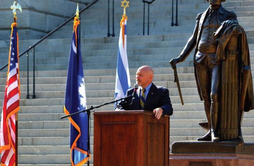 Rep. Alan Clemmons delivers an address from the steps of the South Carolina Statehouse in a speech given via satellite to the Restoring Courage rally in Jerusalem in 2011 (photo credit: Courtesy)