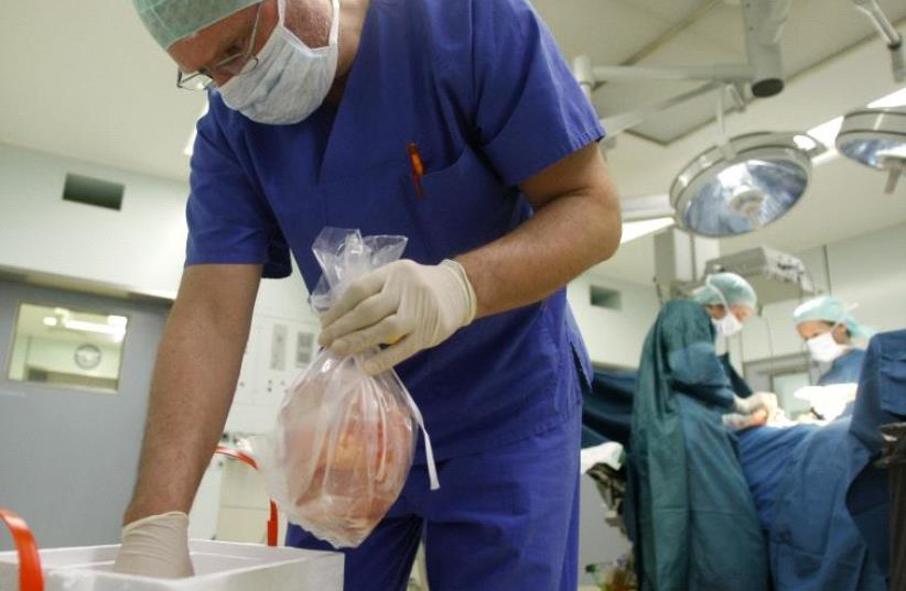 A surgeon puts a plastic bag containing a kidney into a box after an operation to extract organs.  (photo credit: REUTERS)