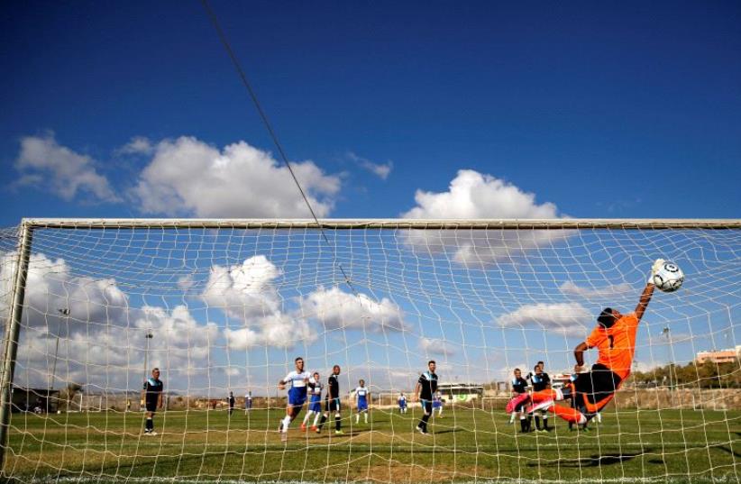 Match between Ariel Municipal Soccer Club and Maccabi HaSharon Netanya at Ariel Municipal Soccer Club's training grounds in the West Bank Jewish settlement of Ariel  (photo credit: REUTERS)