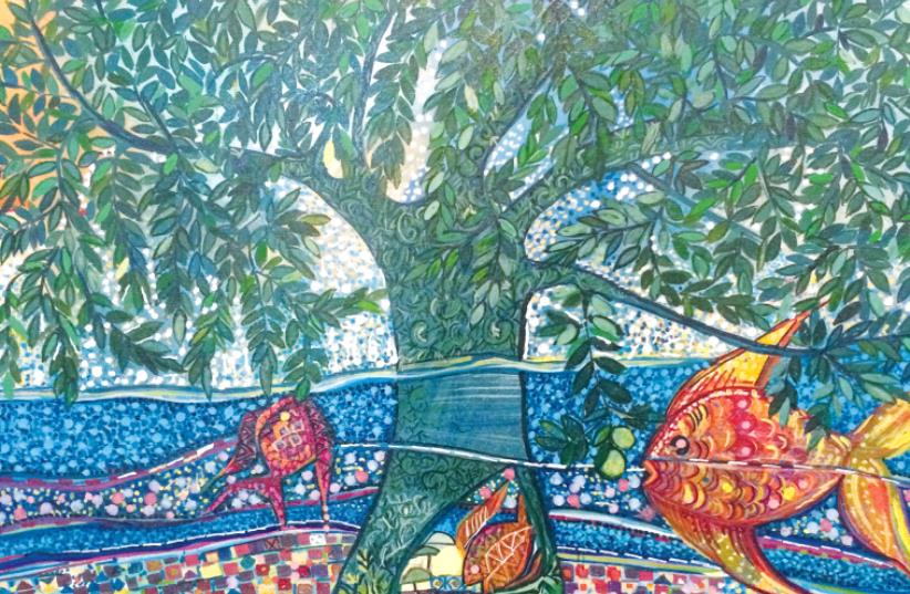 Paintings of olive trees at the Jaffa Art Salon (photo credit: ADAM RASGON)